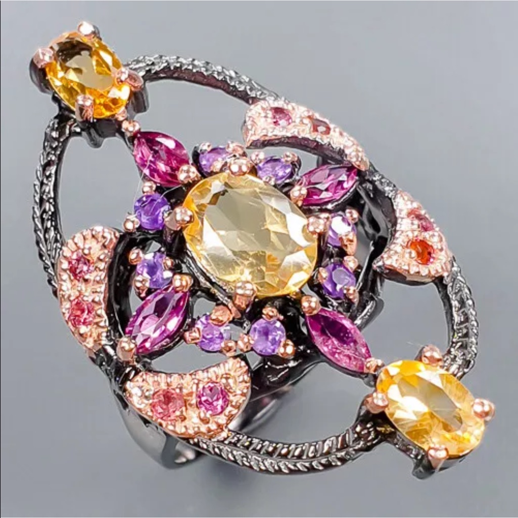Artistic Genuine Citrine Garnet Amethyst Ring 175$